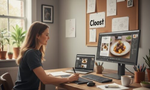 Mujer en una computadora editando una imagen al fondo de ve un texto que dice Cloost